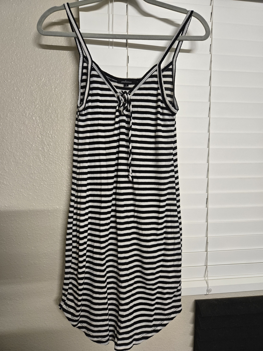 Ambiance Black & White Striped Mini Tank Dress with Front Tie
